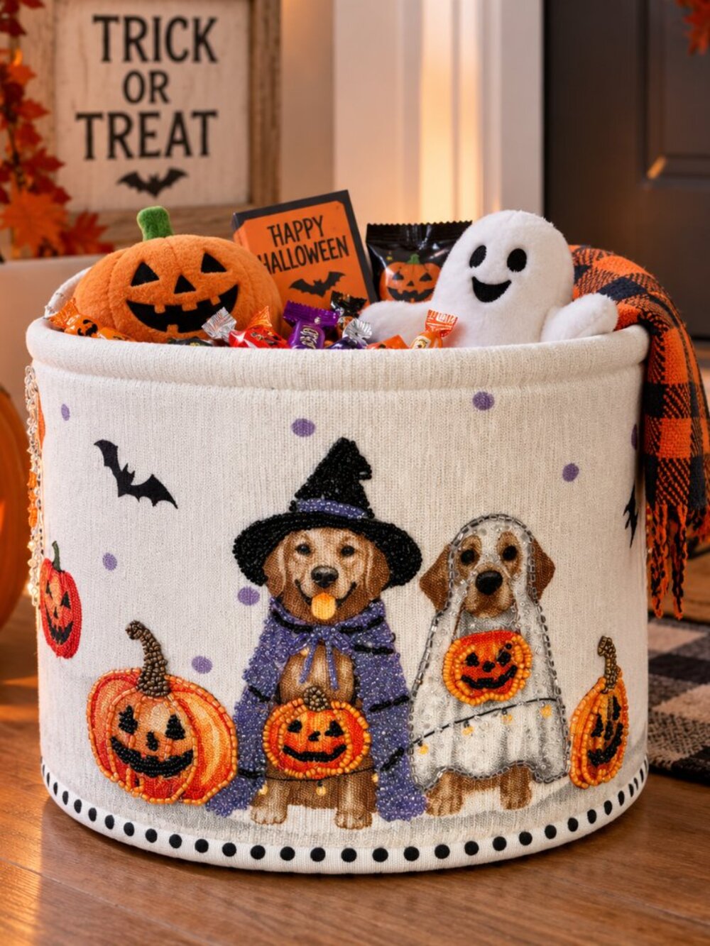 White Halloween Beaded Boo Basket 10" Decorative Trick or Treat Candy Basket